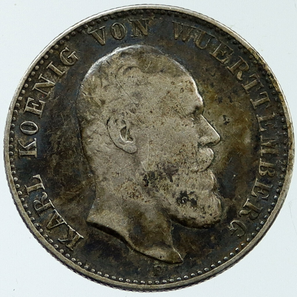 1876 F Germany WURTTEMBERG King Charles I 0.32oz Silver 2 Mark Coin i117680