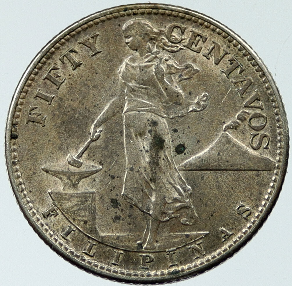 1944 S PHILIPPINES US Administration 0.23oz Silver 50 Centavos Coin i117676