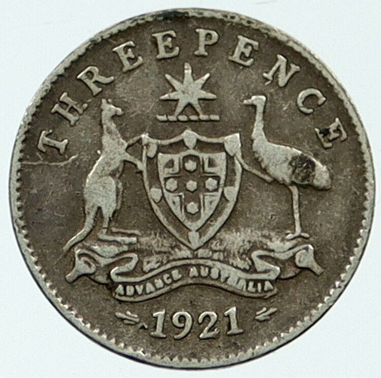 1921 AUSTRALIA Silver THREEPENCE Coin with UK King George V Coat-of-Arms i117557