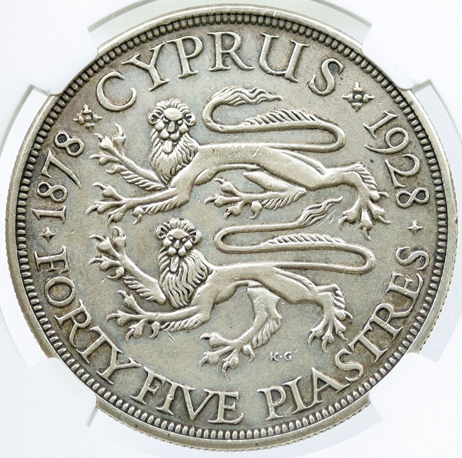 1928 CYPRUS under UK King GEORGE V 0.84oz SILVER 45 Piastres Coin NGC i117852