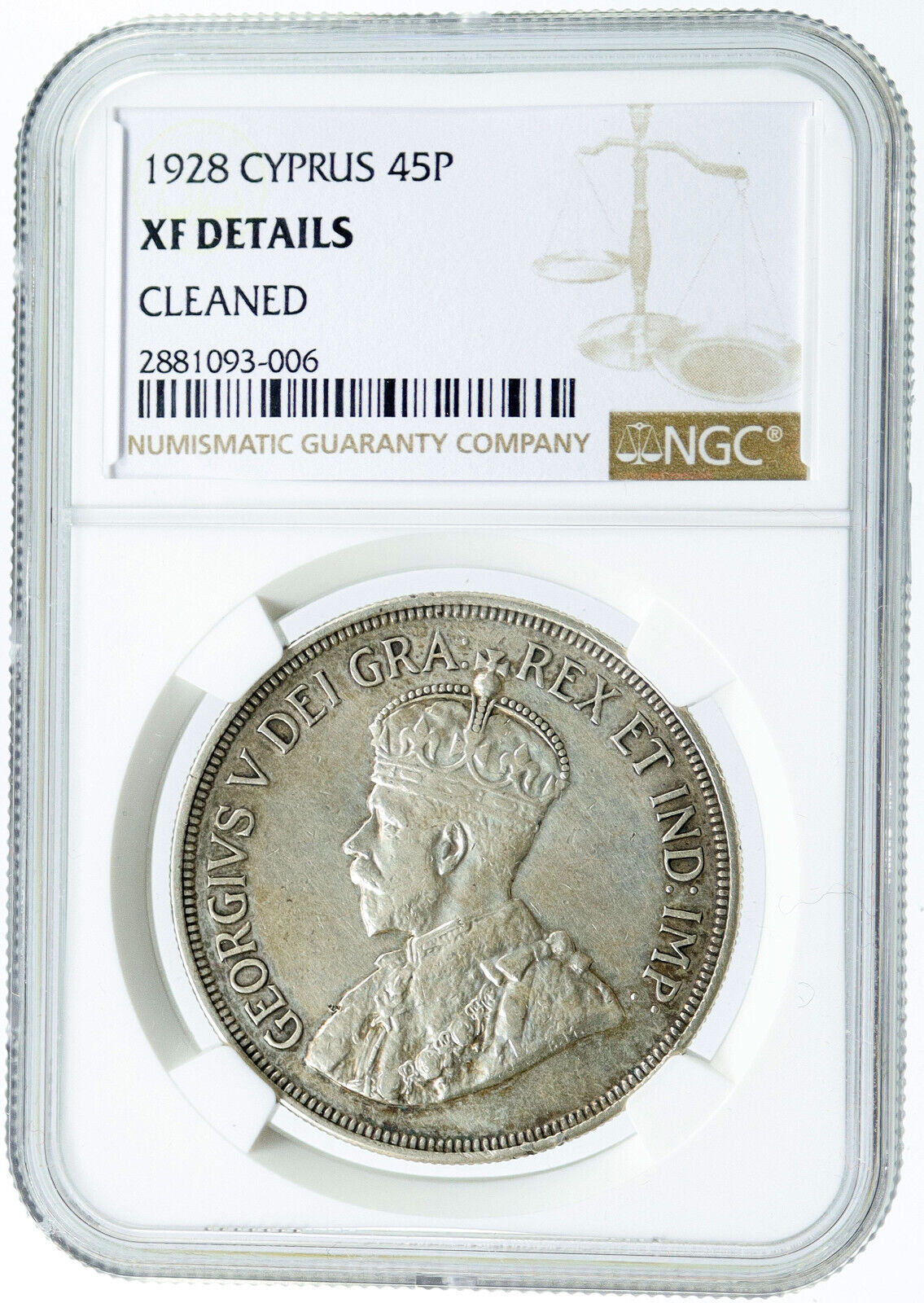 1928 CYPRUS under UK King GEORGE V 0.84oz SILVER 45 Piastres Coin NGC i117852