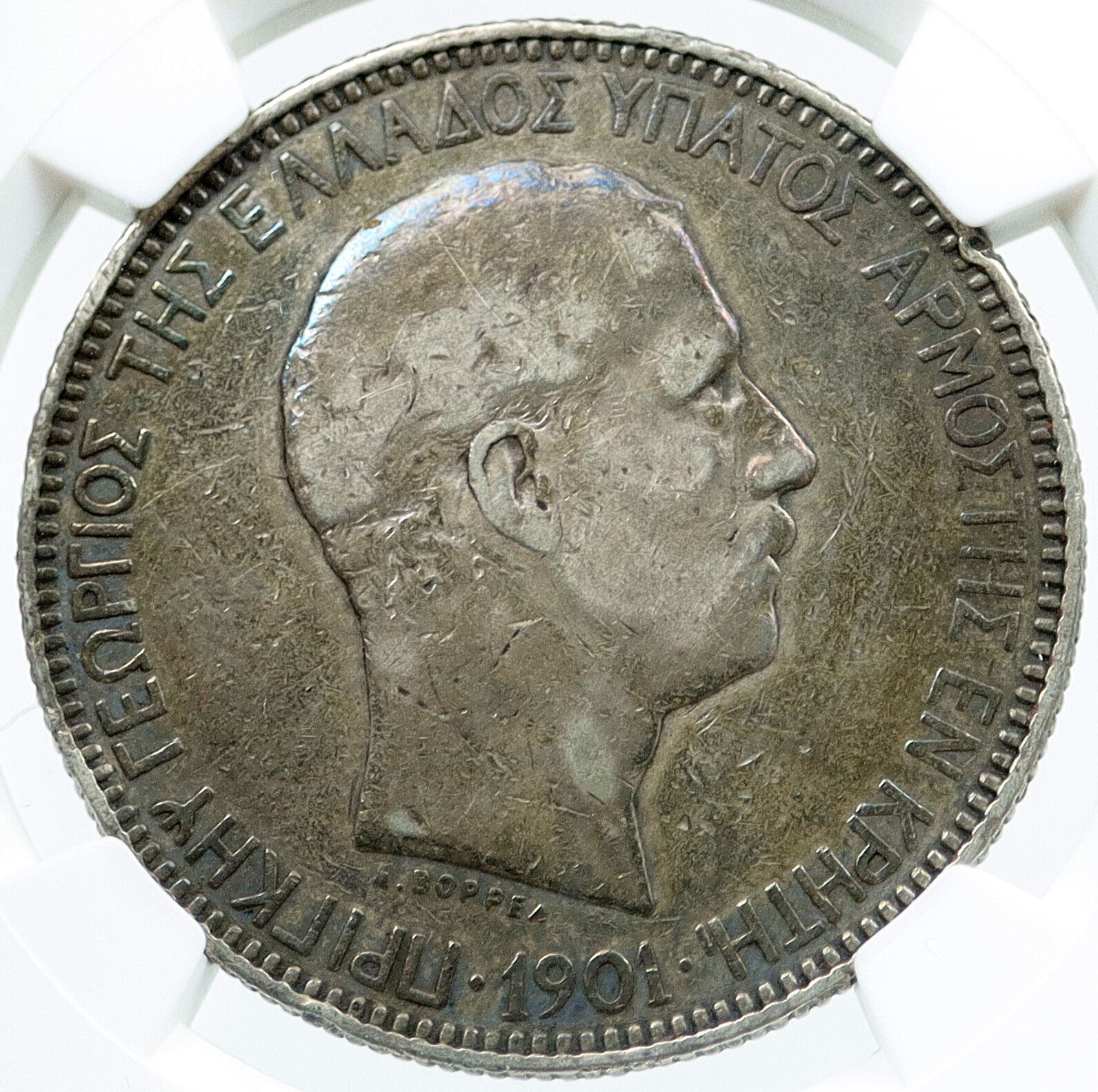 1901 CRETE under GREECE KING GEORGE I 0.72oz SILVER 5 Drachmai Coin NGC i117858