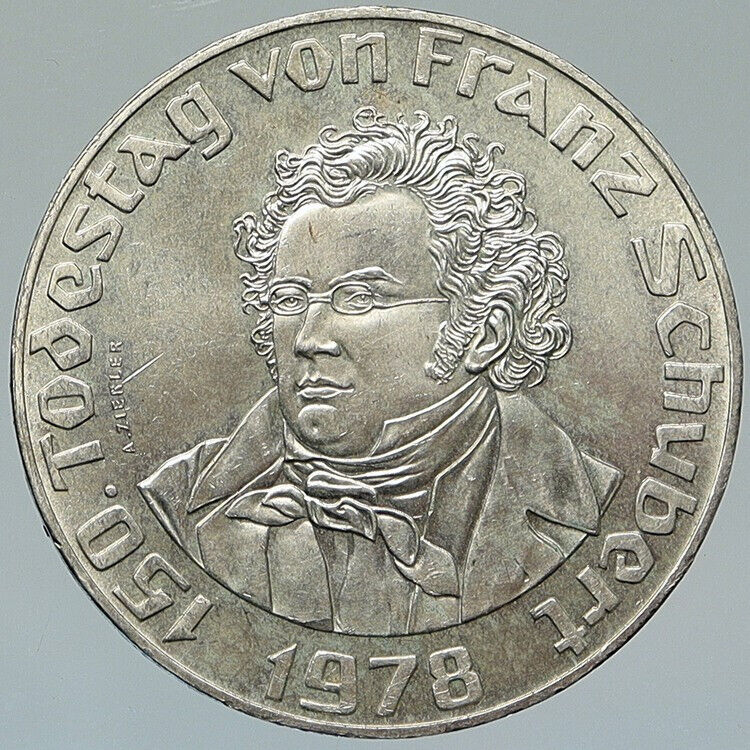 1978 AUSTRIA Composer Franz Schubert LARGE Silver 50 Schilling Coin i111993