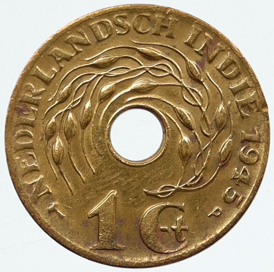 1945 P Netherlands EAST INDIES Queen WILHELMINA 1 Cent Coin FLOWERS i117183