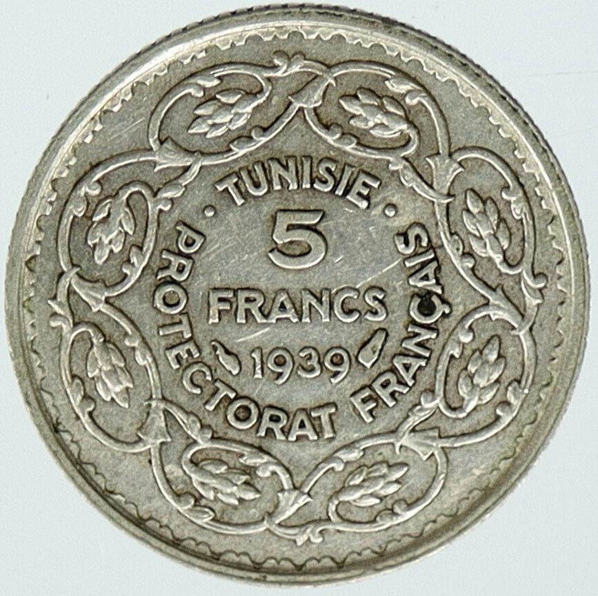 TUNISIA - French Protectorate Silver 5 Francs AH1358 (1939) 1 Year Type i117182