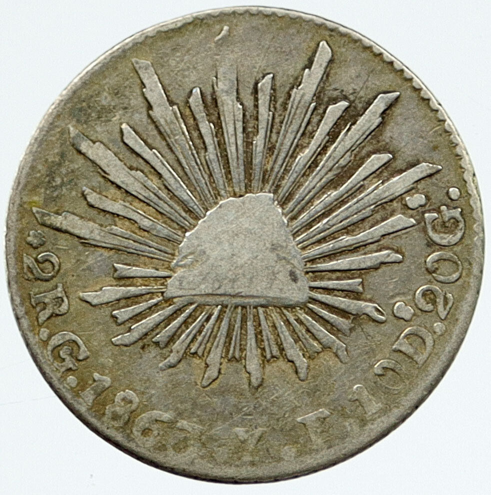 1863 Go YF MEXICO Guanajuato Silver 2 Reales MEXICAN EAGLE CAP Coin i117185