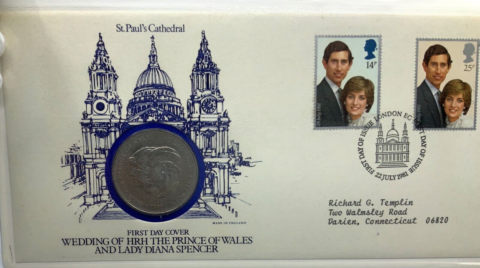 1981 First Day Cover PRINCE CHARLES & DIANA Wedding STAMPS Crown Coin i114434