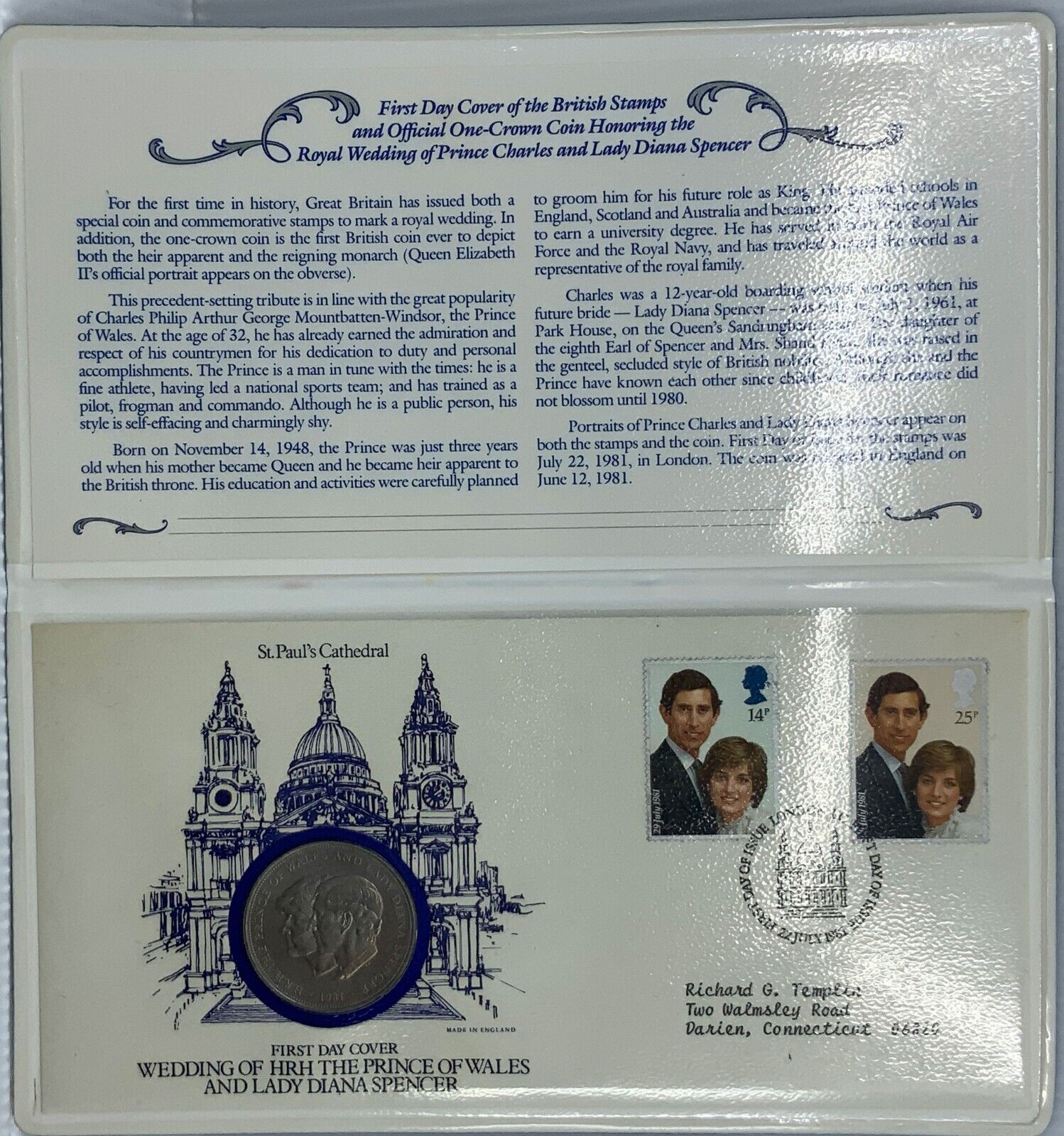 1981 First Day Cover PRINCE CHARLES & DIANA Wedding STAMPS Crown Coin i114434