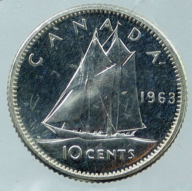 1963 CANADA Queen ELIZABETH II Silver 10 Cents Coin BLUENOSE SHIP i118219