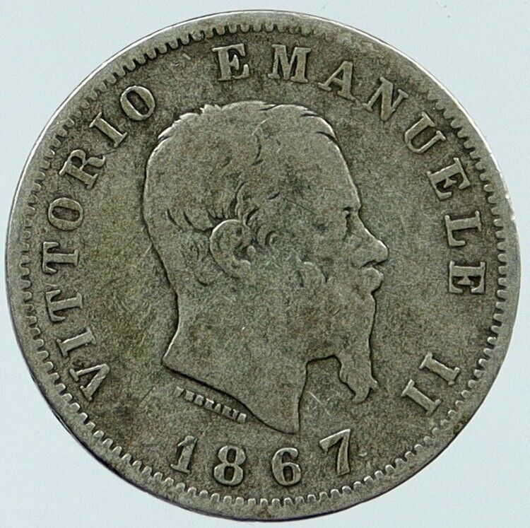 1867 ITALY King Victor Emmanuel II Antique ITALIAN Silver 1 Lira Coin i118247