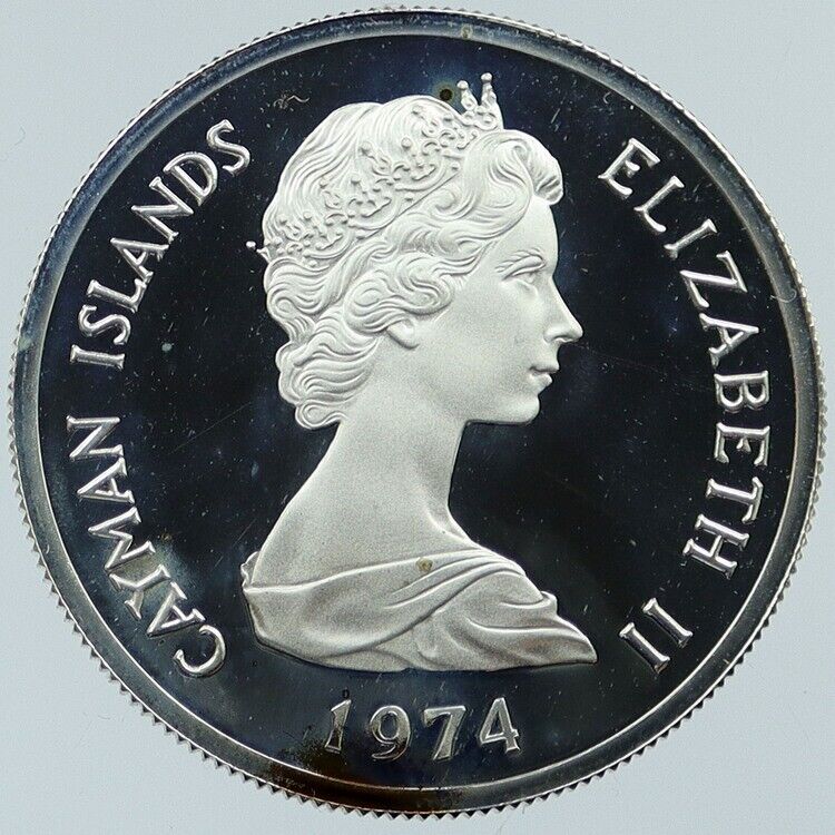 1974 CAYMAN ISLANDS Queen Elizabeth II w Flower Proof Silver Dollar Coin i118345
