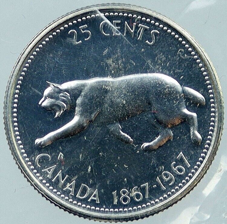 1967 CANADA Confederation Centennial Silver 25 Cents Coin LYNX Wild Cat i118362