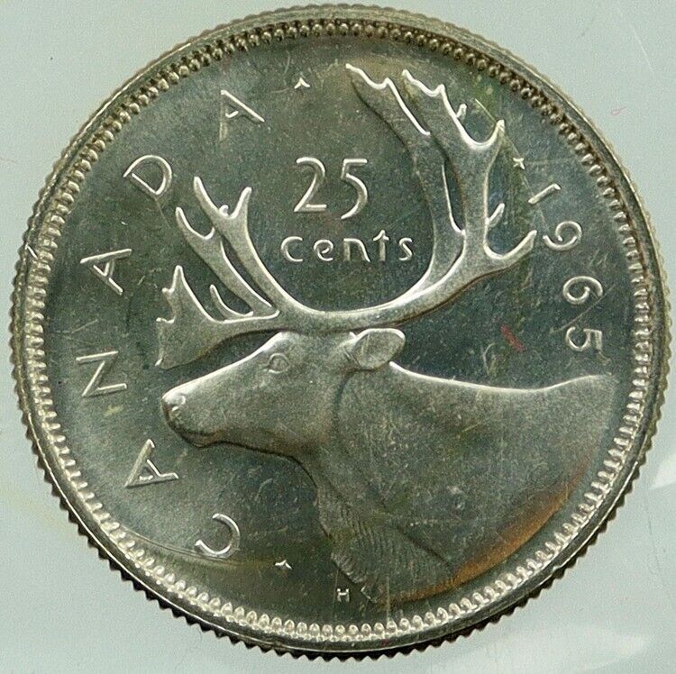 1965 CANADA under UK Queen ELIZABETH II Silver 25 Cent Coin CARIBOU i118384