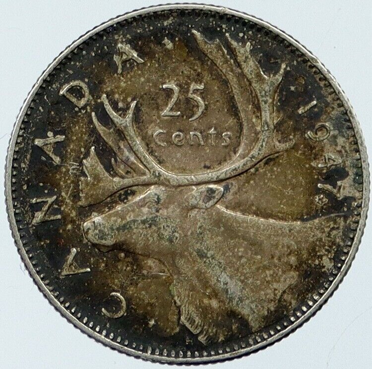 1947 CANADA King George VI Britain ANTLERS CARIBOU Silver 25 Cent Coin i118364