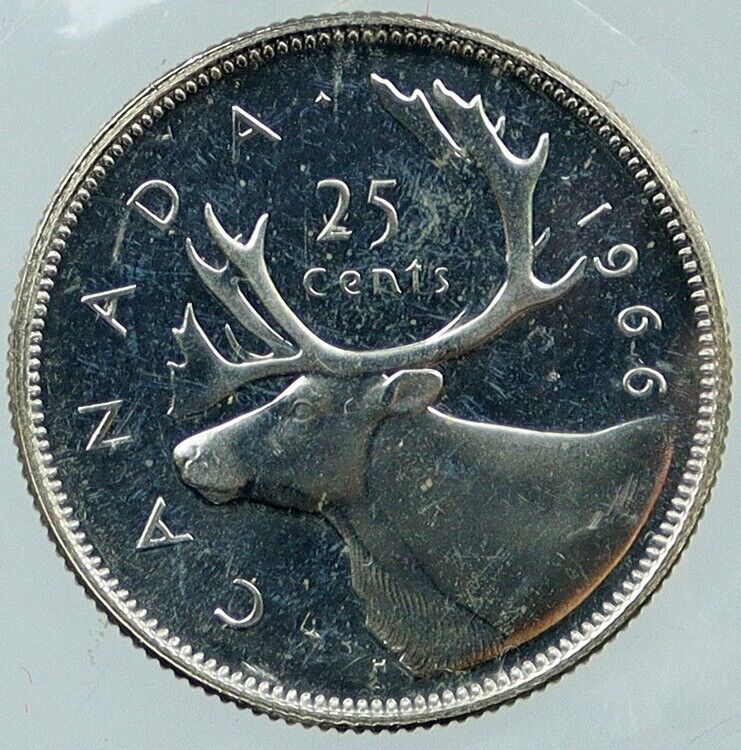 1966 CANADA under UK Queen ELIZABETH II Silver 25 Cent Coin CARIBOU i118385