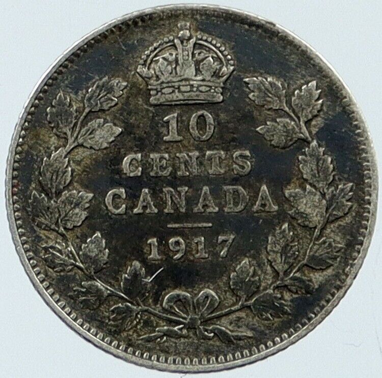 1917 CANADA King GEORGE V Original Genuine CANADIAN Silver 10 Cents Coin i118365
