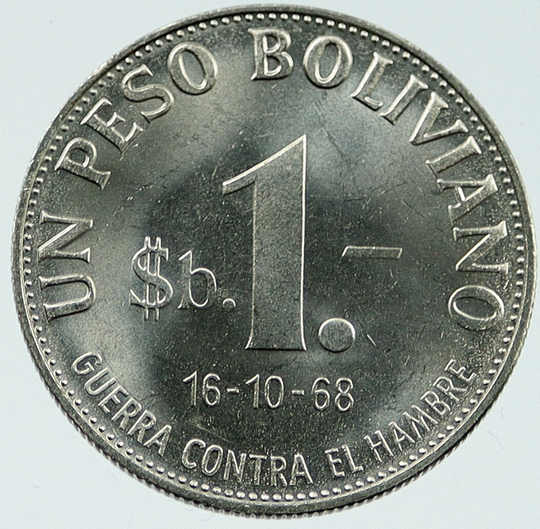 1968 BOLIVIA Commemorative FAO War Against Hunger 1 Peso Boliviano Coin i117290