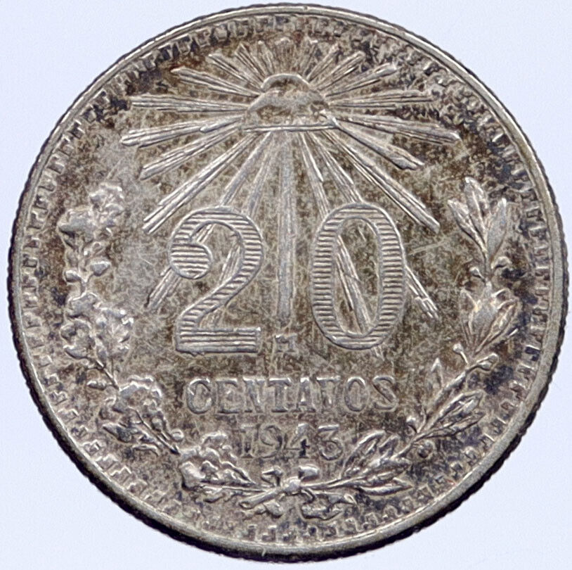 1943 MEXICO Pythagorian Cap of LIBERTY Antique 20 Centavos Silver Coin i118682