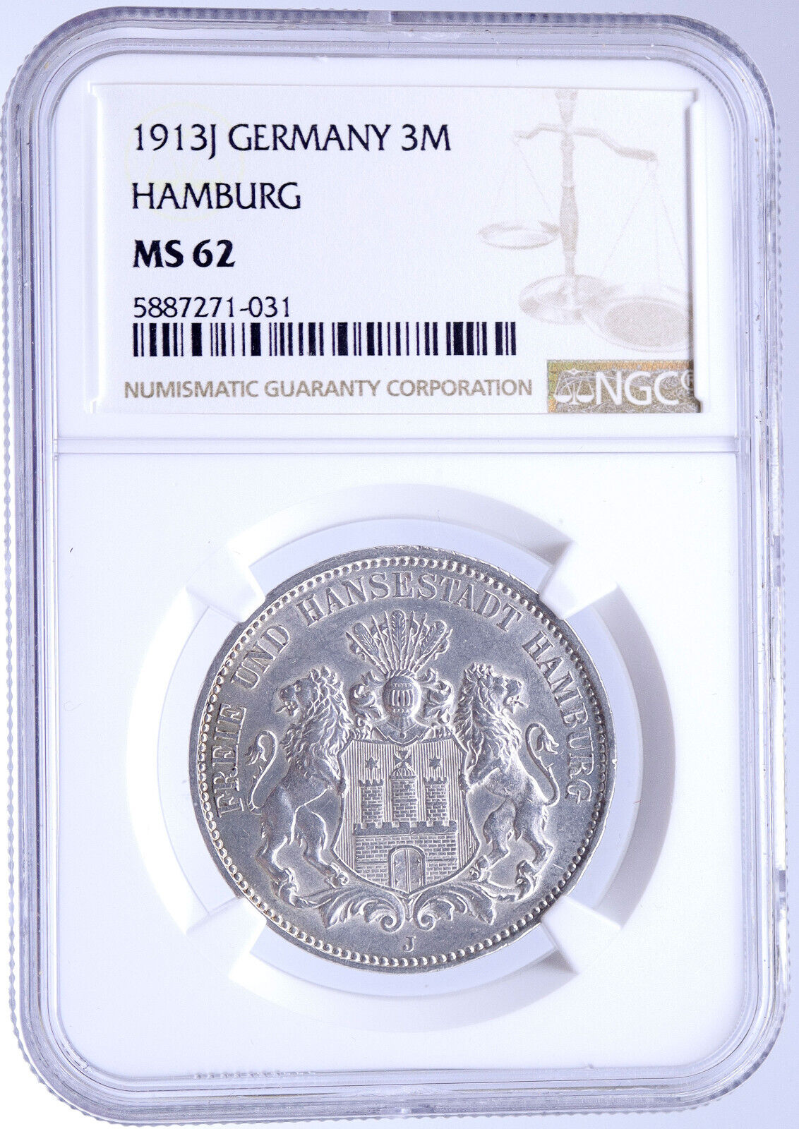 1911 J GERMANY German States HAMBURG w Lions Silver 3 Mark Coin NGC i118668