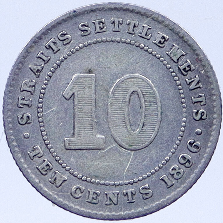 1896 STRAITS SETTLEMENTS UK Queen Victoria VINTAGE Antique 10 CENT Coin i118703