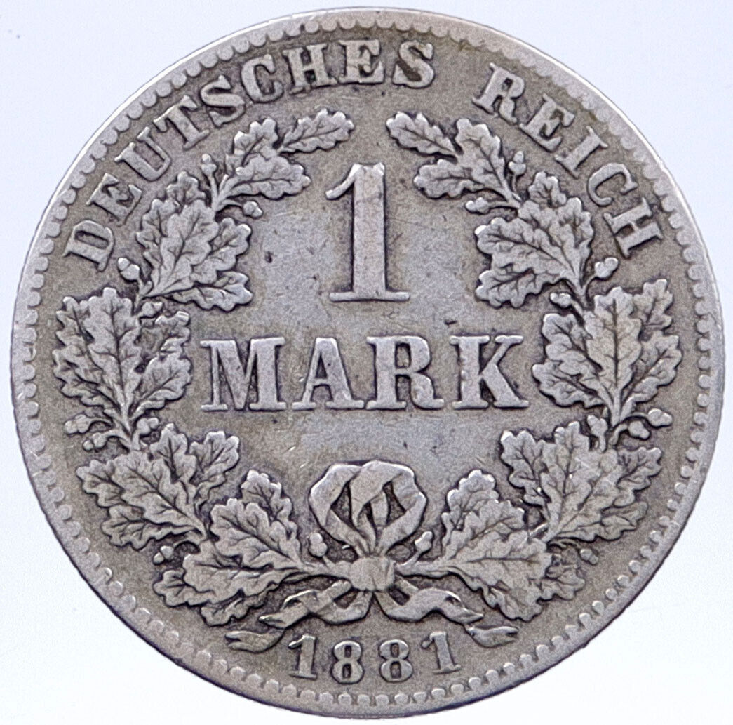 1881 F GERMANY King WILHELM I Shielded EAGLE ANTIQUE Silver 1 Mark Coin i118700