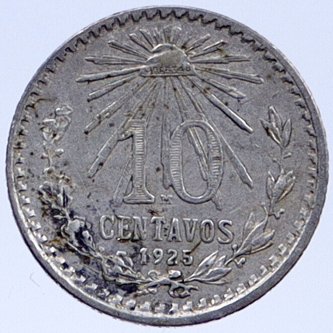 1925 MEXICO 10 CENTAVOS Genuine Antique Silver Mexican Coin EAGLE CAP i118704