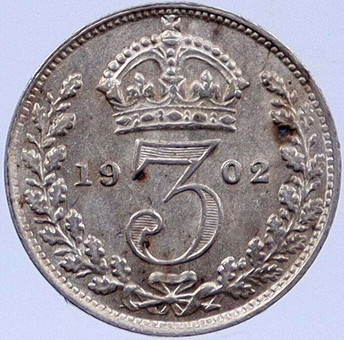 1902 GREAT BRITAIN UK King EDWARD VII UK Genuine SILVER Threepence Coin i118705