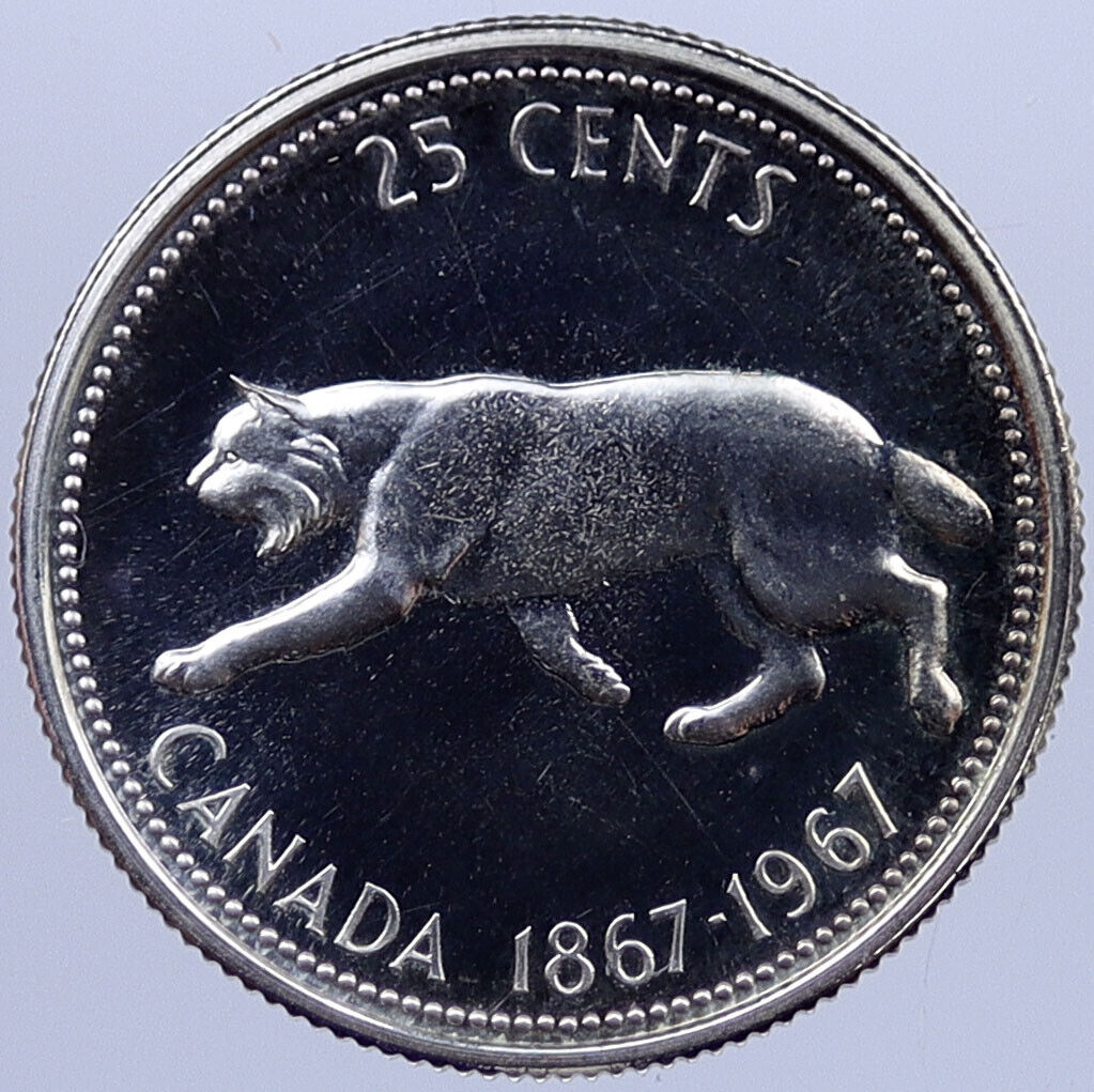 1967 CANADA Confederation Centennial Silver 25 Cents Coin LYNX Wild Cat i118714