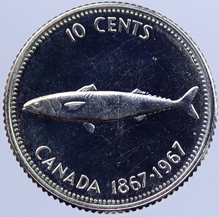 1967 CANADA 100th Anniversary MACKEREL FISH Vintage Silver 10 Cents Coin i118716