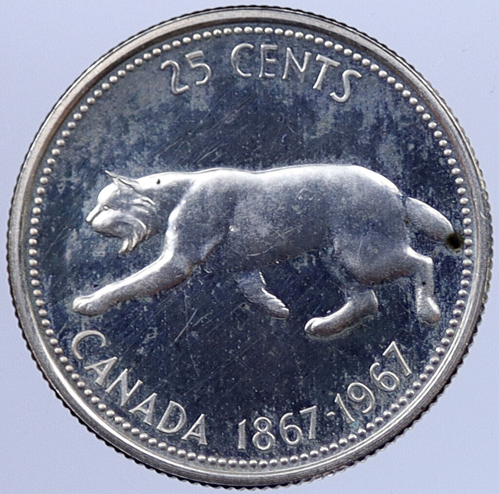 1967 CANADA Confederation Centennial Silver 25 Cents Coin LYNX Wild Cat i118715