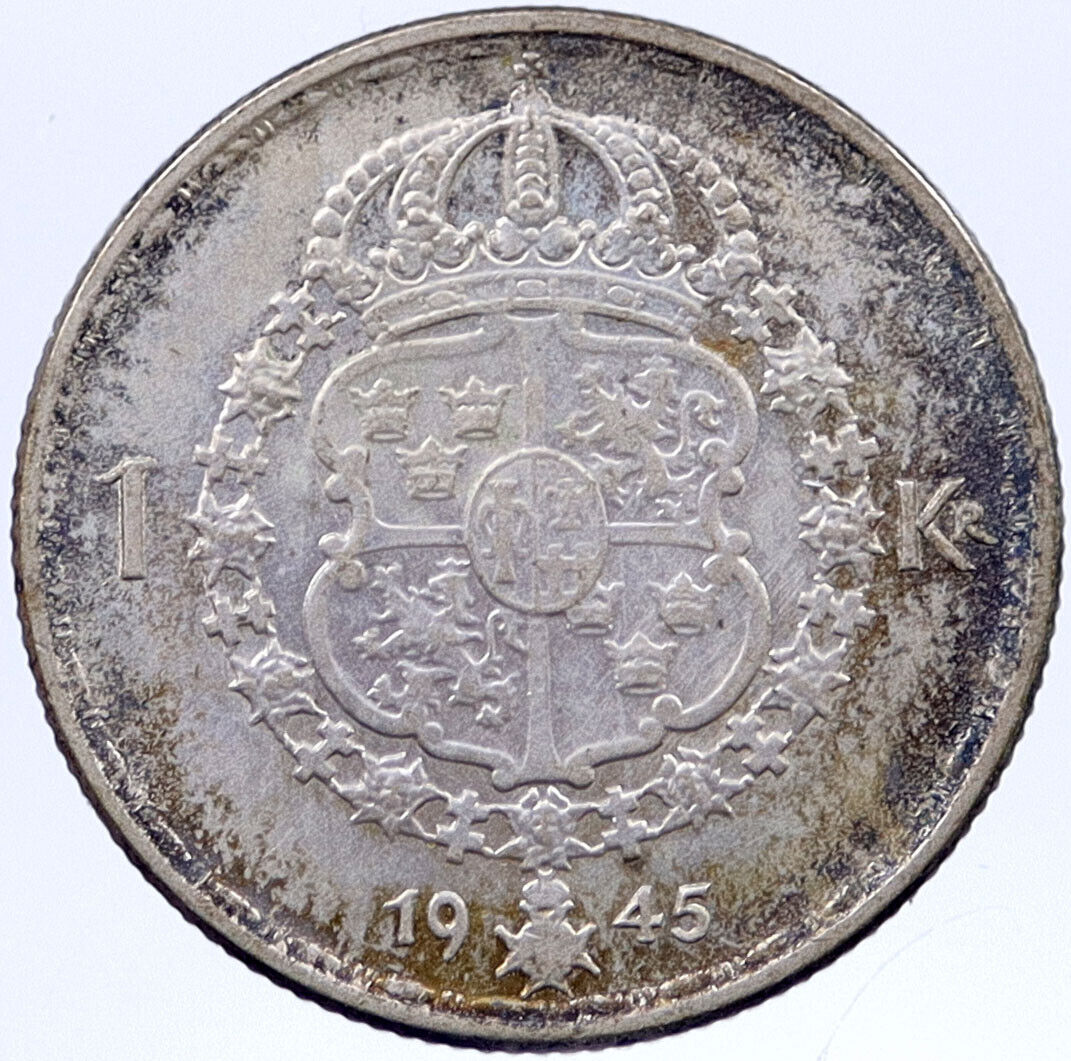 1945 Sweden GUSTAF V Crowned ARMS Antique Vintage OLD Silver Krona Coin i118712