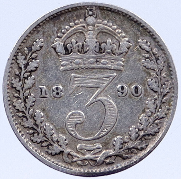 1890 Great Britain United Kingdom QUEEN VICTORIA Threepence Silver Coin i118734