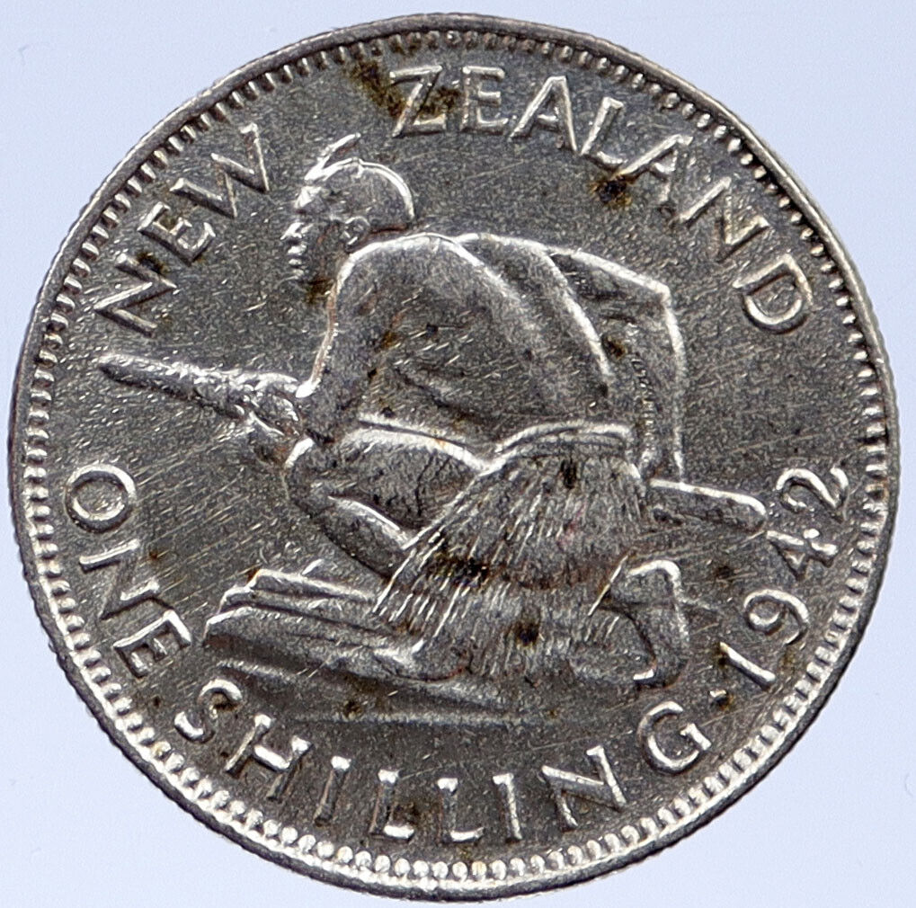 1942 NEW ZEALAND UK GEORGE VI Native Maori Warrior Silver Shilling Coin i118756