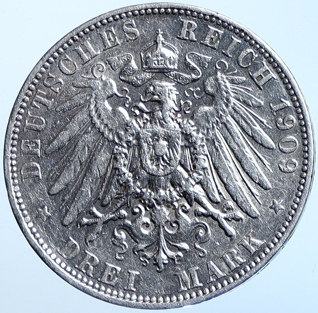 1909 E German States SAXONY KING FRIEDRICH AUGUST Old Silver 3 Mark Coin i114614