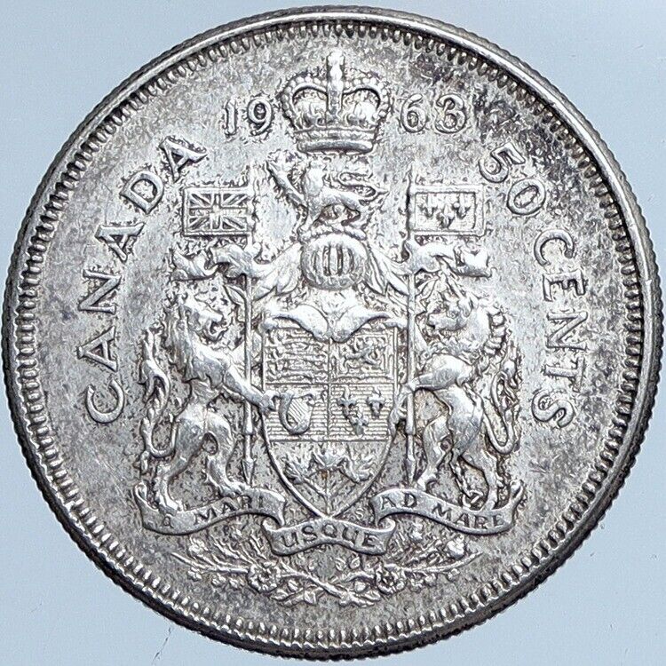 1963 CANADA Queen Elizabeth II Arms Vintage Lion Old SILVER 50 Cent Coin i114197