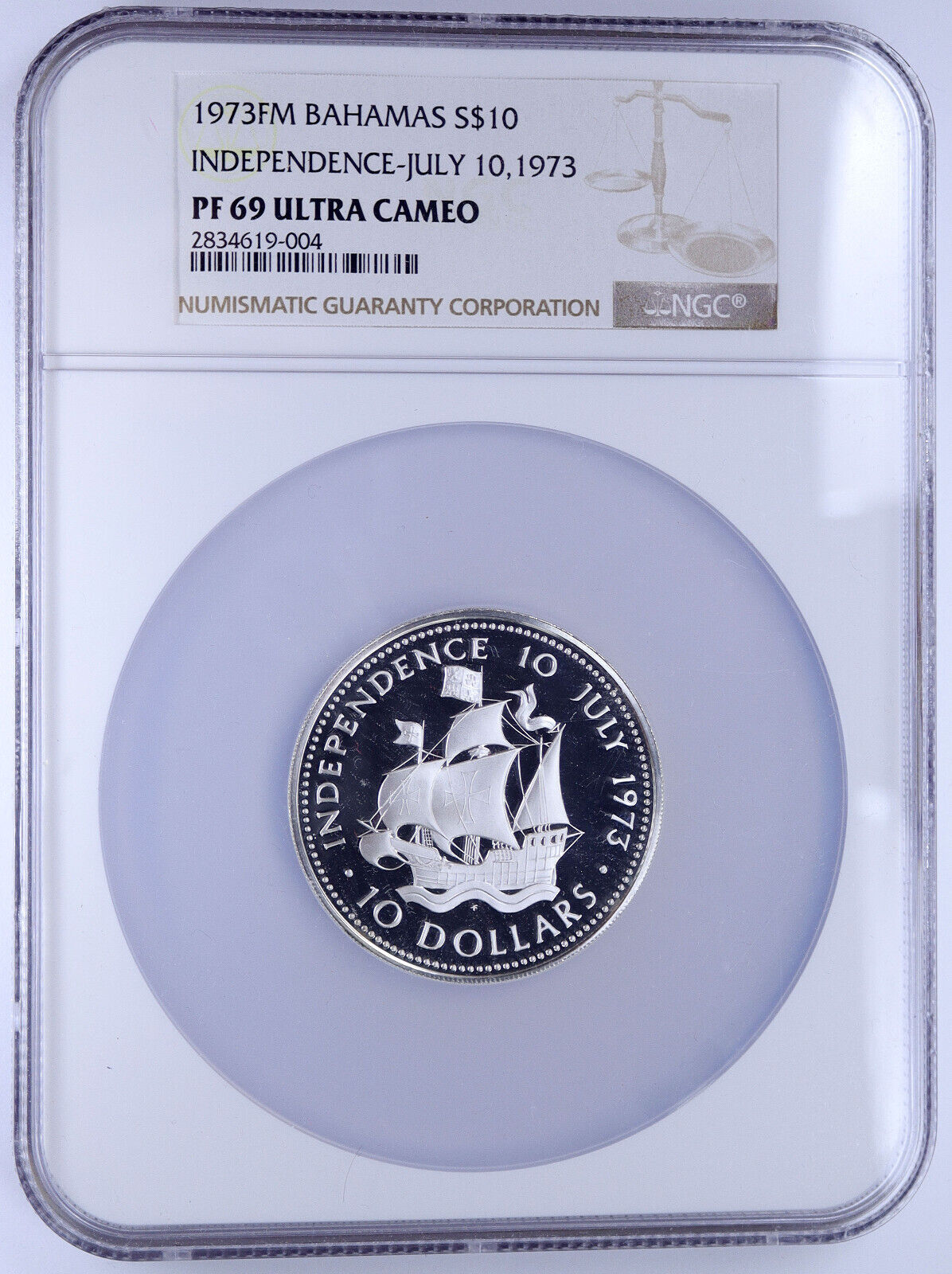 1973 BAHAMAS Columbus Ship Santa Maria VINTAGE Proof Silver $10 Coin NGC i118661