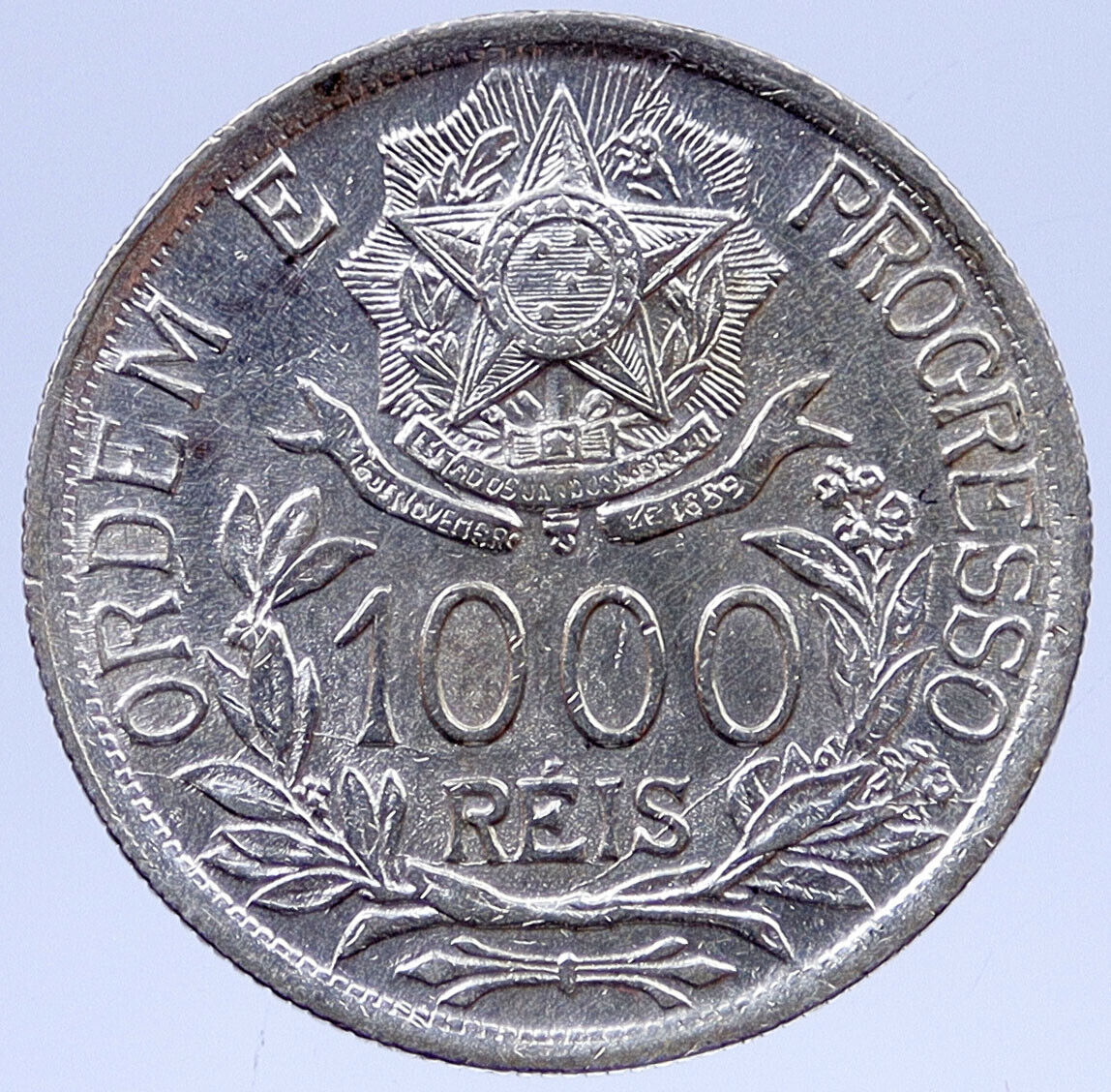 1913 A BRAZIL Stars and LIBERTY Silver Genuine 1000 Reis Brazilian Coin i118796