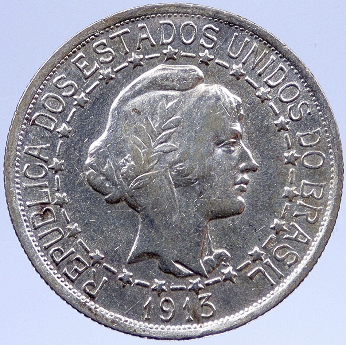 1913 A BRAZIL Stars and LIBERTY Silver Genuine 1000 Reis Brazilian Coin i118796