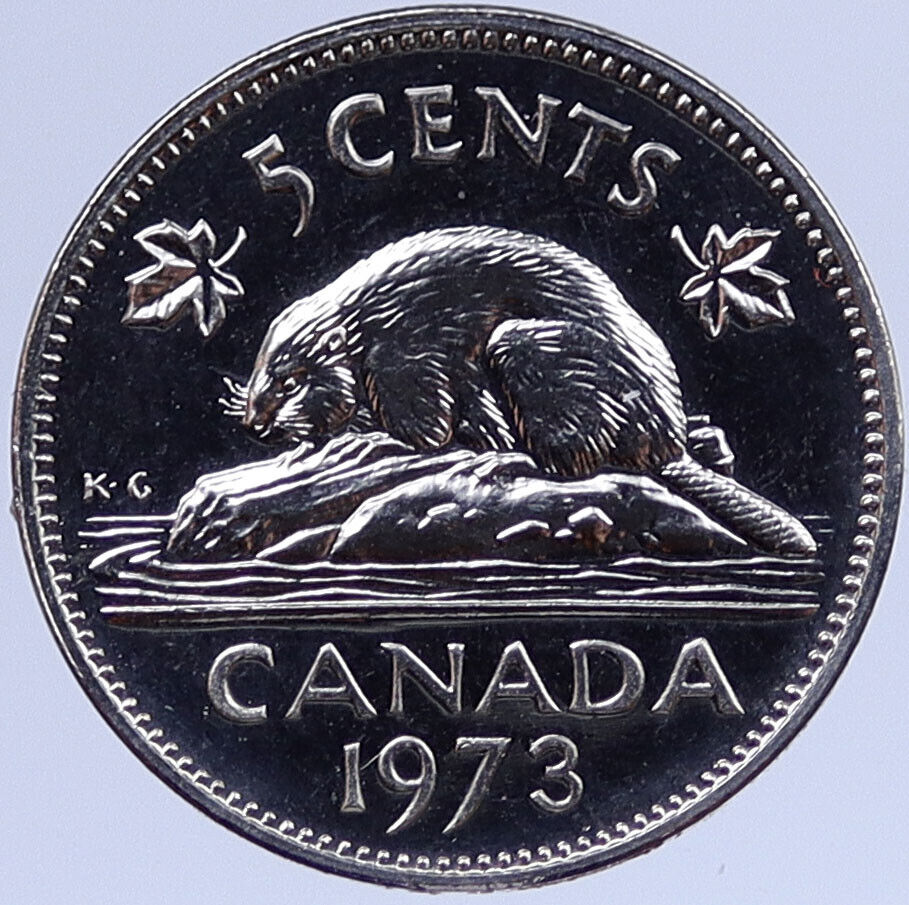 1973 CANADA United Kingdom Queen Elizabeth II BEAVER Old 5 Cent Coin i118804