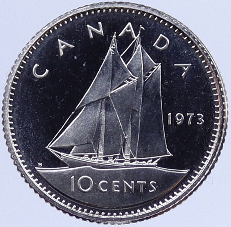 1973 CANADA Queen ELIZABETH II Silver 10 Cents Coin BLUENOSE SHIP i118805