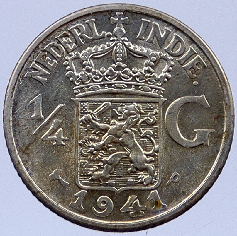 1941 P Netherlands EAST INDIES Queen WILHELMINA Silver 1/4 Gulden Coin i118815
