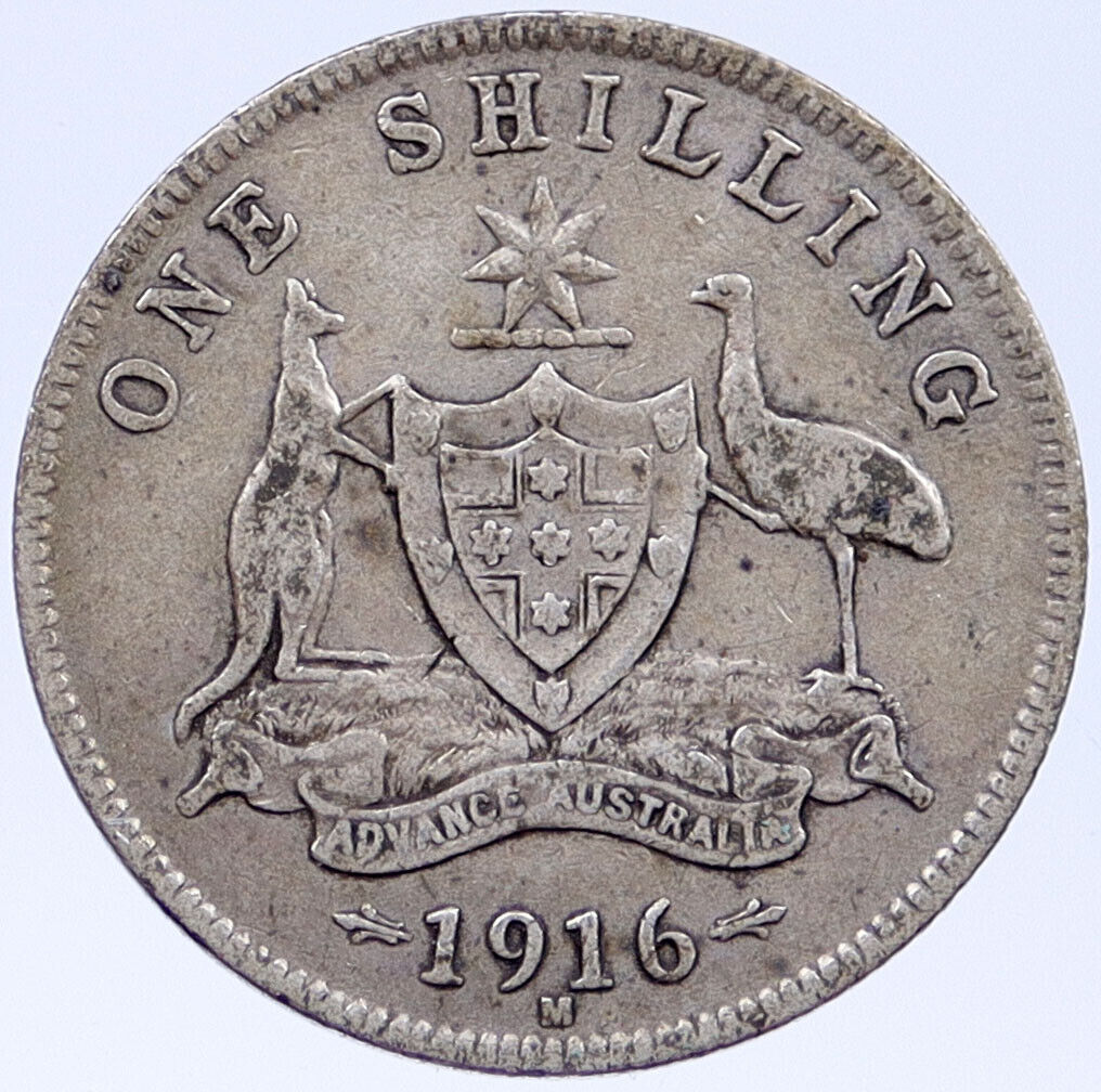 1916 M AUSTRALIA UK King George V KANGAROO Antique Silver Shilling Coin i118816