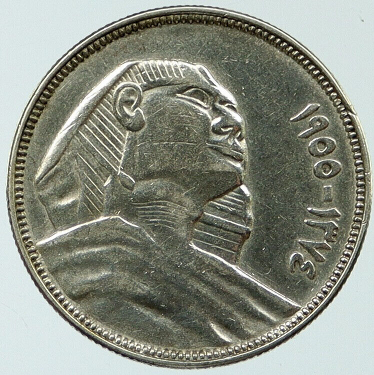 1955 1374AH EGYPT Antique Silver 10 Piastres Coin EGYPTIAN SPHINX i117731