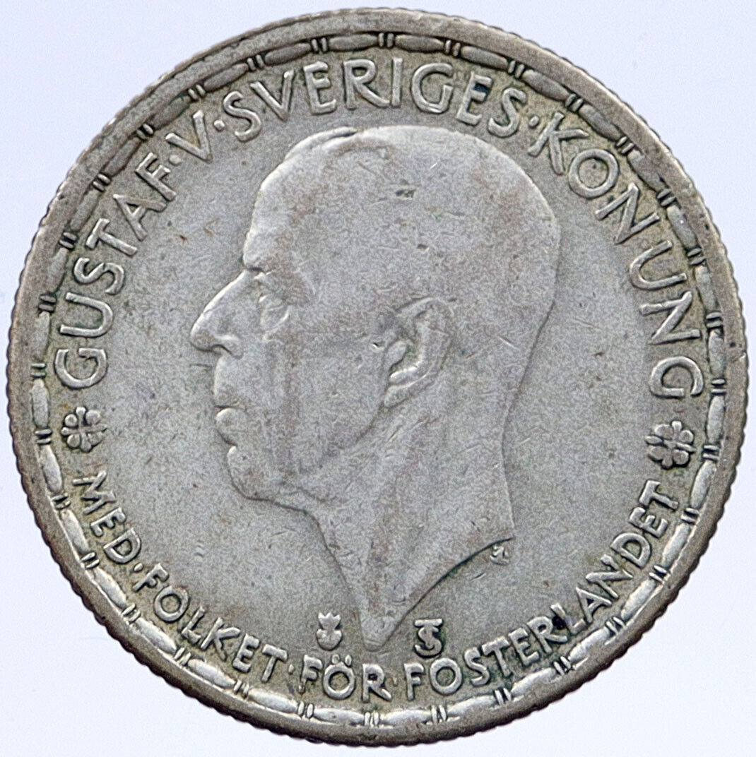 1948 Sweden KING GUSTAF V Crowned ARMS Vintage Genuine Silver Krona Coin i118915