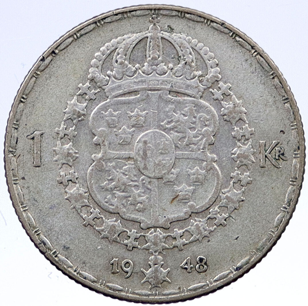 1948 Sweden KING GUSTAF V Crowned ARMS Vintage Genuine Silver Krona Coin i118915