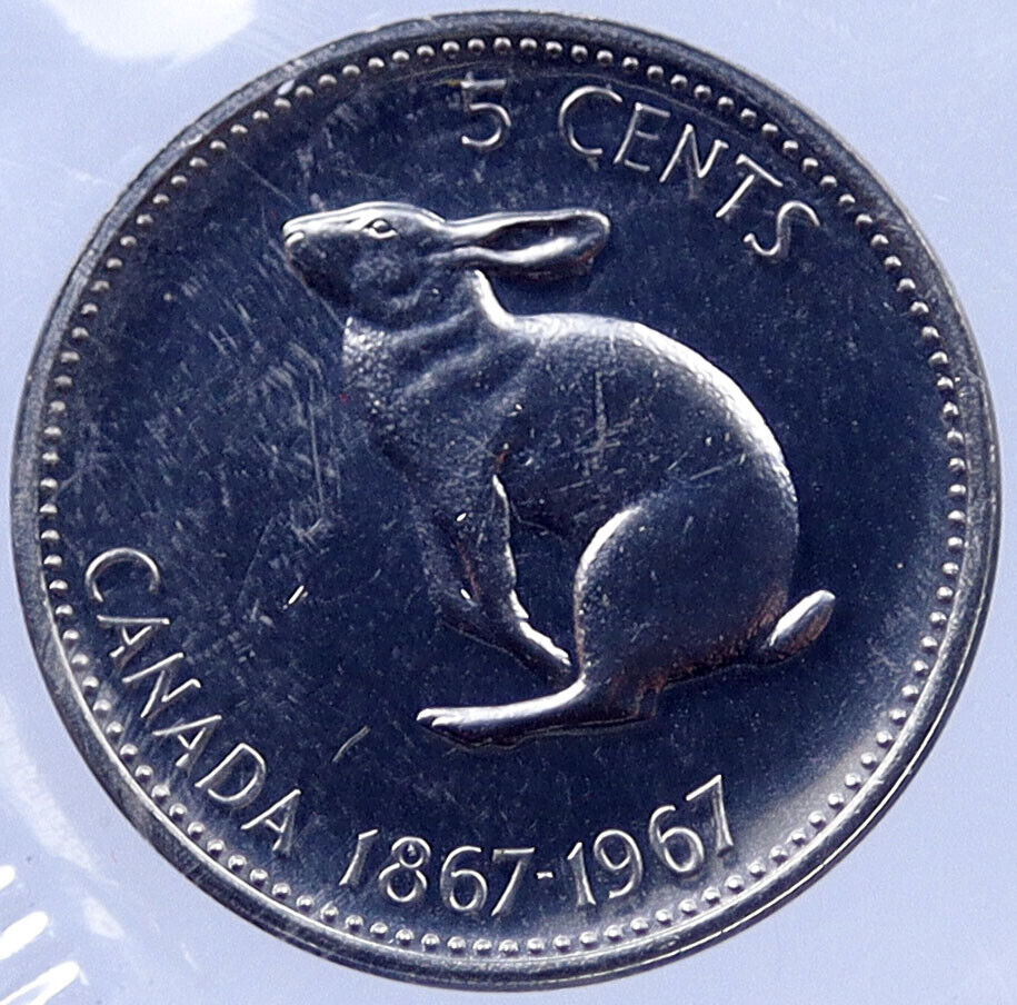 1967 CANADA 100th Anniversary 5 Cents Rabbit Coin UK Queen Elizabeth II i118897