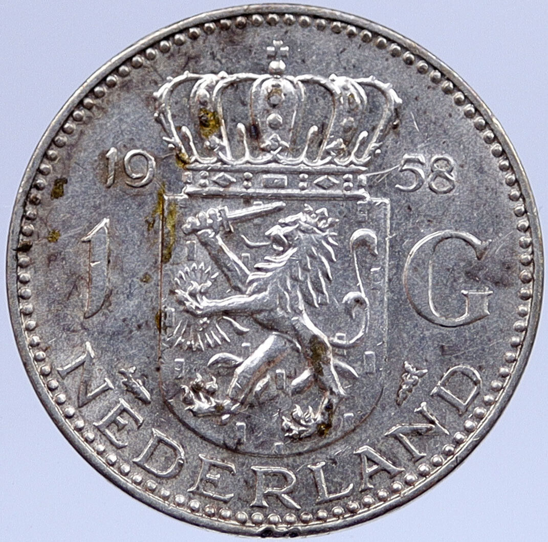1958 NETHERLANDS Kingdom Queen JULIANA Vintage OLD Silver 1 Gulden Coin i118865