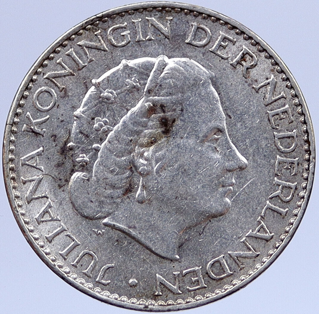 1958 NETHERLANDS Kingdom Queen JULIANA Vintage OLD Silver 1 Gulden Coin i118865