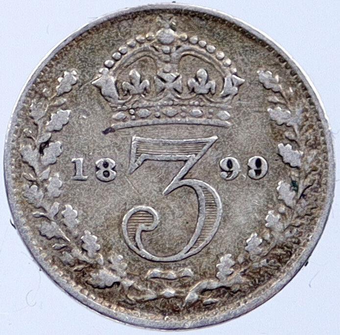 1899 Great Britain United Kingdom QUEEN VICTORIA Threepence Silver Coin i118985