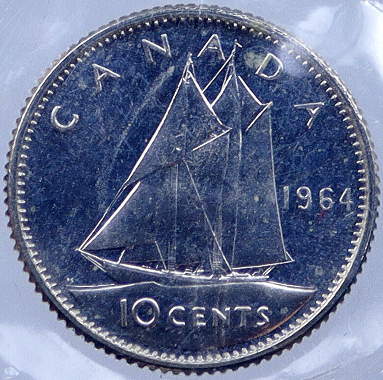 1964 CANADA Queen ELIZABETH II BLUENOSE SHIP Silver 10 Cents SILVER Coin i119015